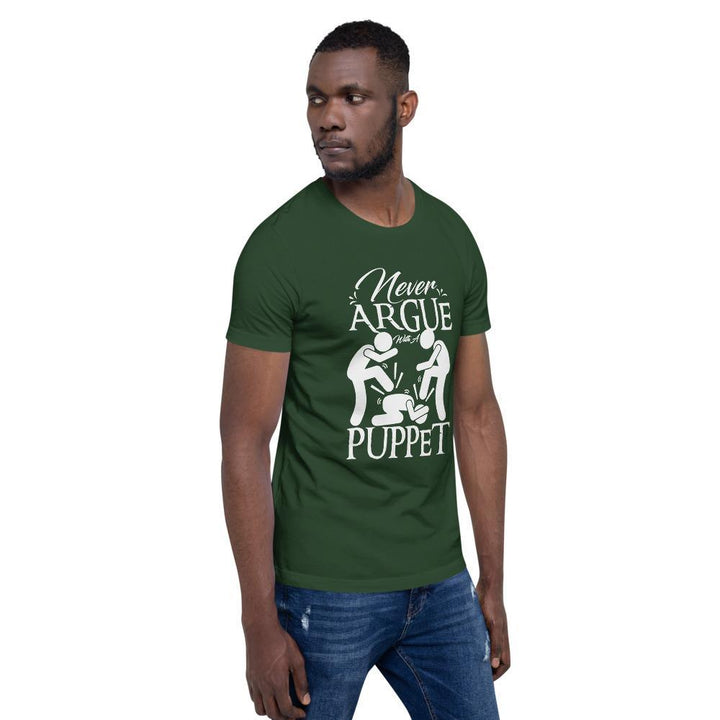 "Never Argue With A Puppet" Short - Sleeve T-Shirt | White Graphic - Pinned Up Ink