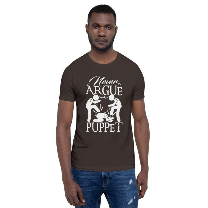 "Never Argue With A Puppet" Short - Sleeve T-Shirt | White Graphic - Pinned Up Ink
