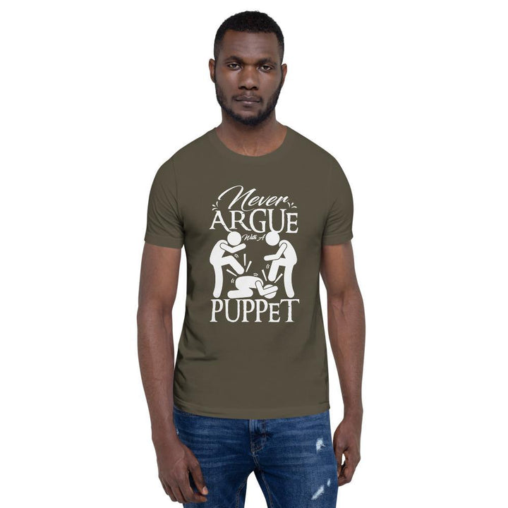 "Never Argue With A Puppet" Short - Sleeve T-Shirt | White Graphic - Pinned Up Ink