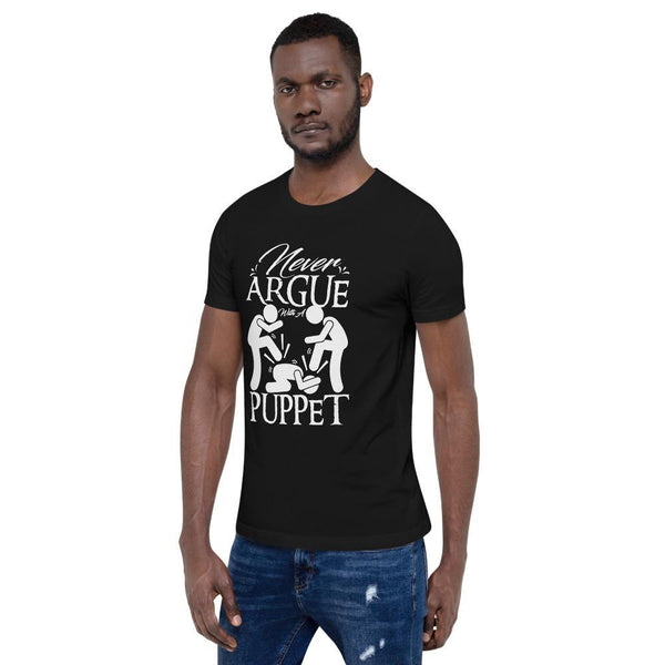 "Never Argue With A Puppet" Short - Sleeve T-Shirt | White Graphic - Pinned Up Ink