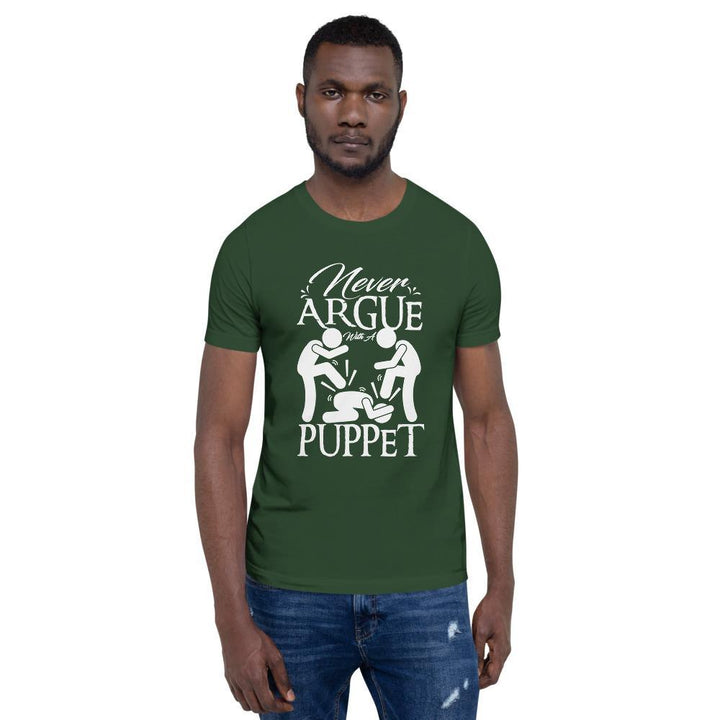 "Never Argue With A Puppet" Short - Sleeve T-Shirt | White Graphic - Pinned Up Ink